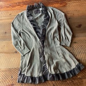 GUINEVERE Anthropologie Green Striped Ruffled Cardigan